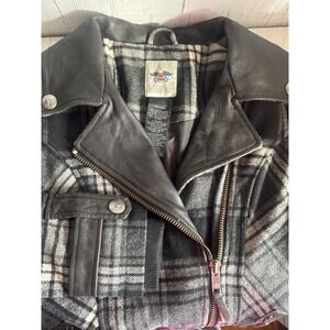 Harley Davidson Womens Plaid Wool Blend Moto Jacket Black White Leather Trim M